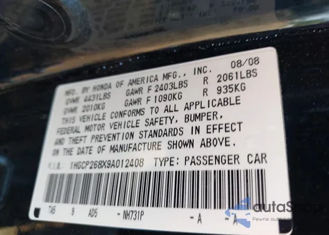 2009 Honda Accord 2.4 Ex-L from USA, damaged, VIN 1HGCP268X9A012408